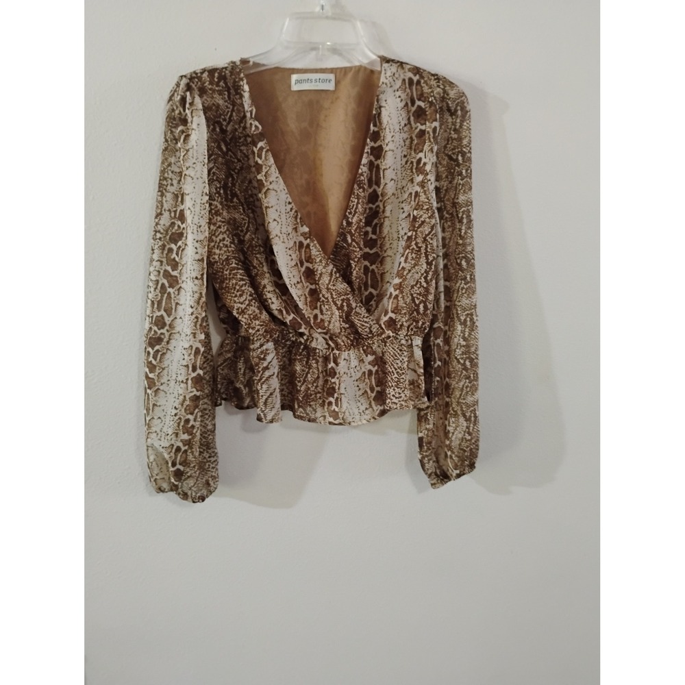 Pants Store Snakeskin Print Peplum Blouse Brown Tan V-Neck Long Sleeve Medium